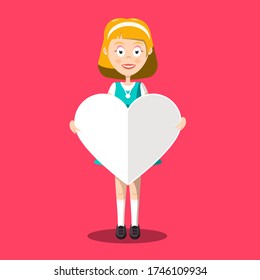 Attractive Woman Holding Paper Heart on Pink Background - Vector