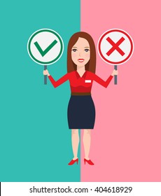 attractive woman holding signs chek marks yes or now right or wrong