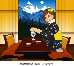 Attractive woman in kimono pouring tea. Interior of traditional japanese interior Kyoto