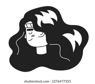 Attractive woman with lush hair monochrome flat linear character head. Editable outline hand drawn human face icon. 2D cartoon spot vector avatar illustration for animation