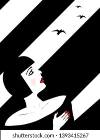 An attractive woman observes three flying birds in a minimalist fashion and beauty illustration.