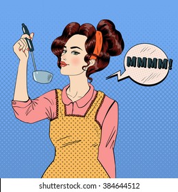 Attractive Woman In Pop Art Style Cooking In The Kitchen. Vector Illustration