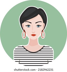 Attractive woman portrait in simple flat style. Social media avatar, girl with short black hair. 