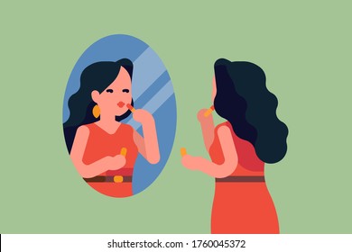 Attractive Woman In Red Dress Applies Make Up Looking At Herself In The Mirror. Flat Style Vector Illustration On Young Adult Girl Preening