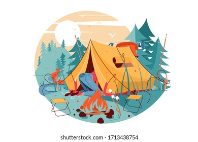 Attractive woman searching in hike tent near bonfire. Isolated concept symbol girl character camping and traveling in forest on sun background. Vector illustration.