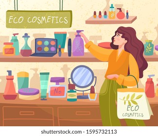 Attractive woman shopping for Eco Cosmetics with natural ingredients in a store reaching up to a shelf for a pump bottle. Lady skincare, makeup, beauty products choice. Colorful vector illustration