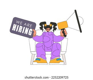 Attractive woman sits in a chair and holds a megaphone in her hand. Good for job search topics.