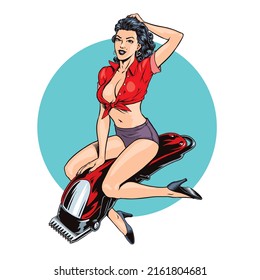 Attractive woman sitting on a barber electric hair clipper. Barbershop or hair saloon retro pin up style vector illustration. Idea for tattoo, poster, sign or t-shirt design.