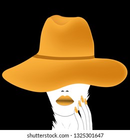 An attractive woman in a stylish golden hat is featured in a minimalist fashion and beauty illustration.