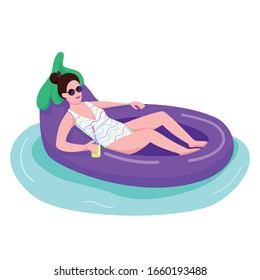 Attractive woman in sunglasses flat color vector faceless character. Young adult with drink. Female in swimsuit on inflatable eggplant ring. Girl floating on water toy isolated cartoon illustration