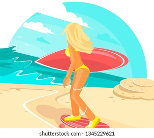 Attractive woman in swimsuit carrying the surf board and standing on skateboard at seashore looking towards the sea. Vector flat illustration