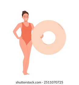 Attractive woman tourist cartoon character wearing swimsuit holding inflatable rubber ring