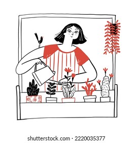 La atractiva mujer regando flores en el apartamento. Estilo de doodle de ilustración de vector dibujado a mano.