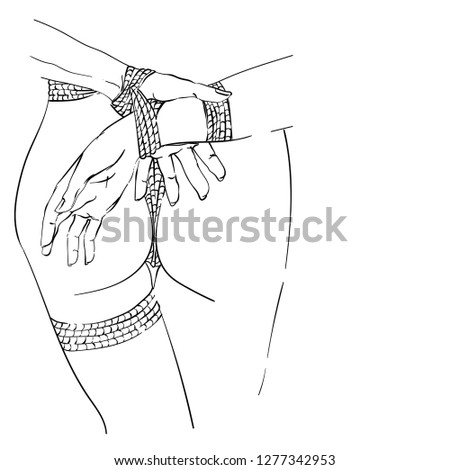 Attractive woman's hands behind her back with rope, isolated image on white background, shibari outfit
