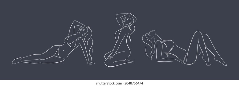 Attractive Women in Different Poses Set. Line art. Hand Drawn collection of female illustrations for prints, logo, emblem, web, cosmetics, spa, beauty care products. Premium Vector