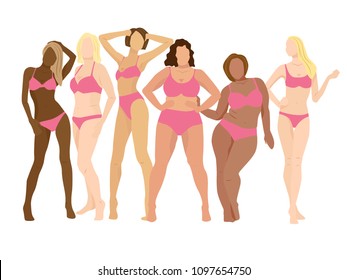 Attractive Women Posing. Bodypositive Illustration Of Diffrent Body Types