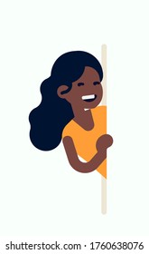 Attractive young adult African woman peeking from behind blank copy space holding the side of it.
Cool vector flat style illustration on character message presentation