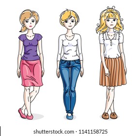 Attractive young adult girls female group standing wearing fashionable casual clothes. Vector set of beautiful people illustrations. Fashion and lifestyle theme cartoons.