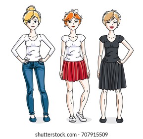 Attractive young adult girls female group standing wearing fashionable casual clothes. Vector set of beautiful people illustrations.