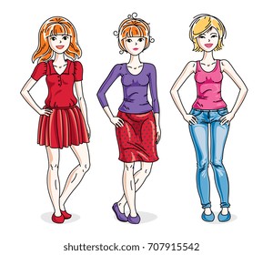Attractive young adult girls female group standing wearing fashionable casual clothes. Vector set of beautiful people illustrations. Fashion and lifestyle theme cartoons.