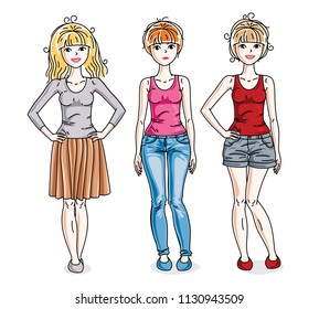 Attractive young adult girls standing in stylish casual clothes. Vector people illustrations set. Fashion and lifestyle theme cartoons.