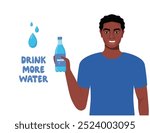 Attractive young african man holding plastic bottle of drinking water. Fitness and health. Drink more water concept. Vector illustration