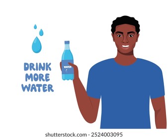 Hombre africano joven atractivo que sostiene la botella plástica del agua potable. Fitness y salud. Beba más concepto de agua. Ilustración vectorial