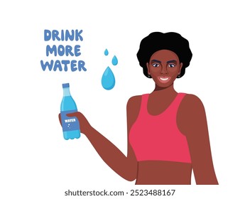 Attractive young african woman holding plastic bottle of drinking water. Fitness and health. Drink more water concept. Vector illustration