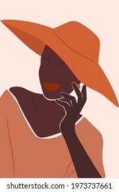 An attractive young African-American woman in a summer hat with a brim. Modern minimalistic abstract poster, banner, postcard. Portrait of female. Vector graphics.