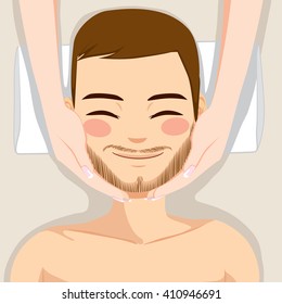 Attractive young bearded man enjoying facial massage skincare treatment