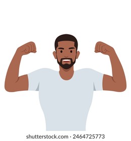 Attractive young black muscular man flexing biceps and smiling happy. Flat vector illustration isolated on white background