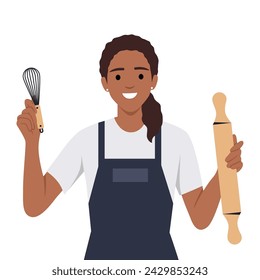 An attractive young black woman is making cake in a cozy kitchen. Flat vector illustration isolated on white background