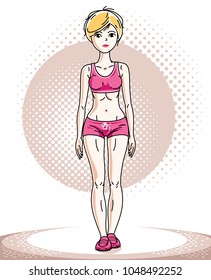 Attractive young blonde sportswoman adult standing. Vector illustration of lady wearing pink shorts.  Sport style.