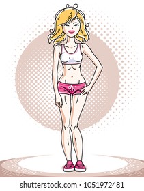 Attractive young blonde sportswoman adult standing. Vector illustration of lady wearing pink shorts.  Sport style.