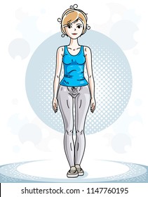 Attractive young blonde sportswoman adult standing. Vector illustration of lady wearing leggings and T-shirt.  Sport style.