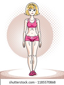 Attractive young blonde sportswoman adult standing. Vector illustration of lady wearing pink shorts.  Sport style.