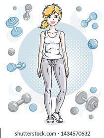 Attractive young blonde sportswoman adult standing on simple background with dumbbells and barbells. Vector illustration of lady wearing leggings and T-shirt.  Sport style.