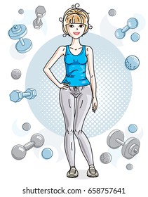 Attractive young blonde sportswoman adult standing on simple background with dumbbells and barbells. Vector illustration of lady wearing leggings and T-shirt.  Sport style.