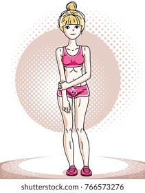 Attractive young blonde sportswoman adult standing. Vector illustration of lady wearing pink shorts.  Sport style.