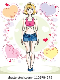 Attractive young blonde woman adult standing on colorful backdrop with Valentine romantic hearts in casual clothes. Vector human illustration.