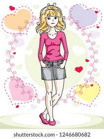 Attractive young blonde woman adult standing on colorful backdrop with Valentine romantic hearts in casual clothes. Vector human illustration.