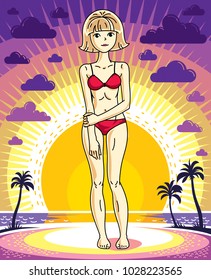 Attractive young blonde woman posing on background of sunset landscape with palms and wearing red bikini. Vector nice lady illustration. Lifetime theme clipart.