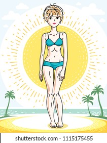 Attractive young blonde woman posing on tropical beach with palms and wearing blue bikini. Vector nice lady illustration. Lifetime theme clipart.