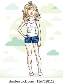 Attractive young blonde woman posing on nature backdrop with blue sky and clouds. Vector nice lady illustration. 