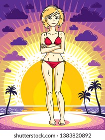 Attractive young blonde woman posing on background of sunset landscape with palms and wearing red bikini. Vector nice lady illustration. Lifetime theme clipart.