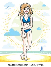 Attractive young blonde woman posing on tropical beach and wearing blue bikini. Vector nice lady illustration. Summertime theme clipart.