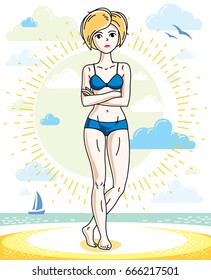 Attractive young blonde woman posing on tropical beach and wearing blue bikini. Vector nice lady illustration. Summertime theme clipart.