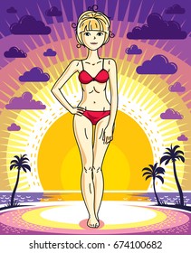 Attractive young blonde woman posing on background of sunset landscape with palms and wearing red bikini. Vector nice lady illustration. Lifetime theme clipart.