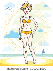 Attractive young blonde woman standing on tropical beach and wearing bathing suit. Vector human illustration. Summer vacation theme.