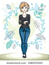 Attractive young blonde woman standing on background of spring landscape and wearing stylish casual clothes. Vector human illustration.